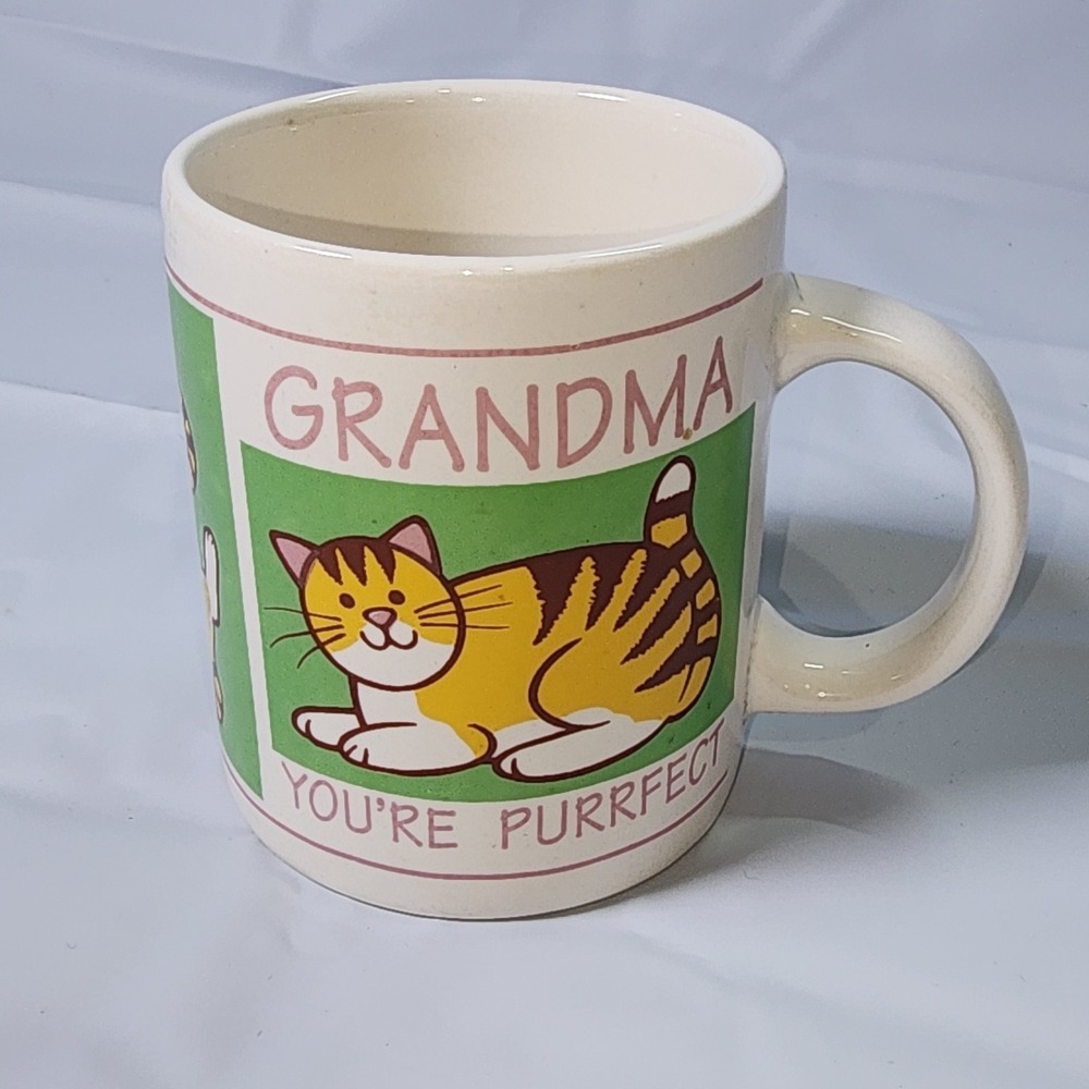 Grandma You're Purrfect Coffee Mug Cup White Green Cat Print Retro Novelty